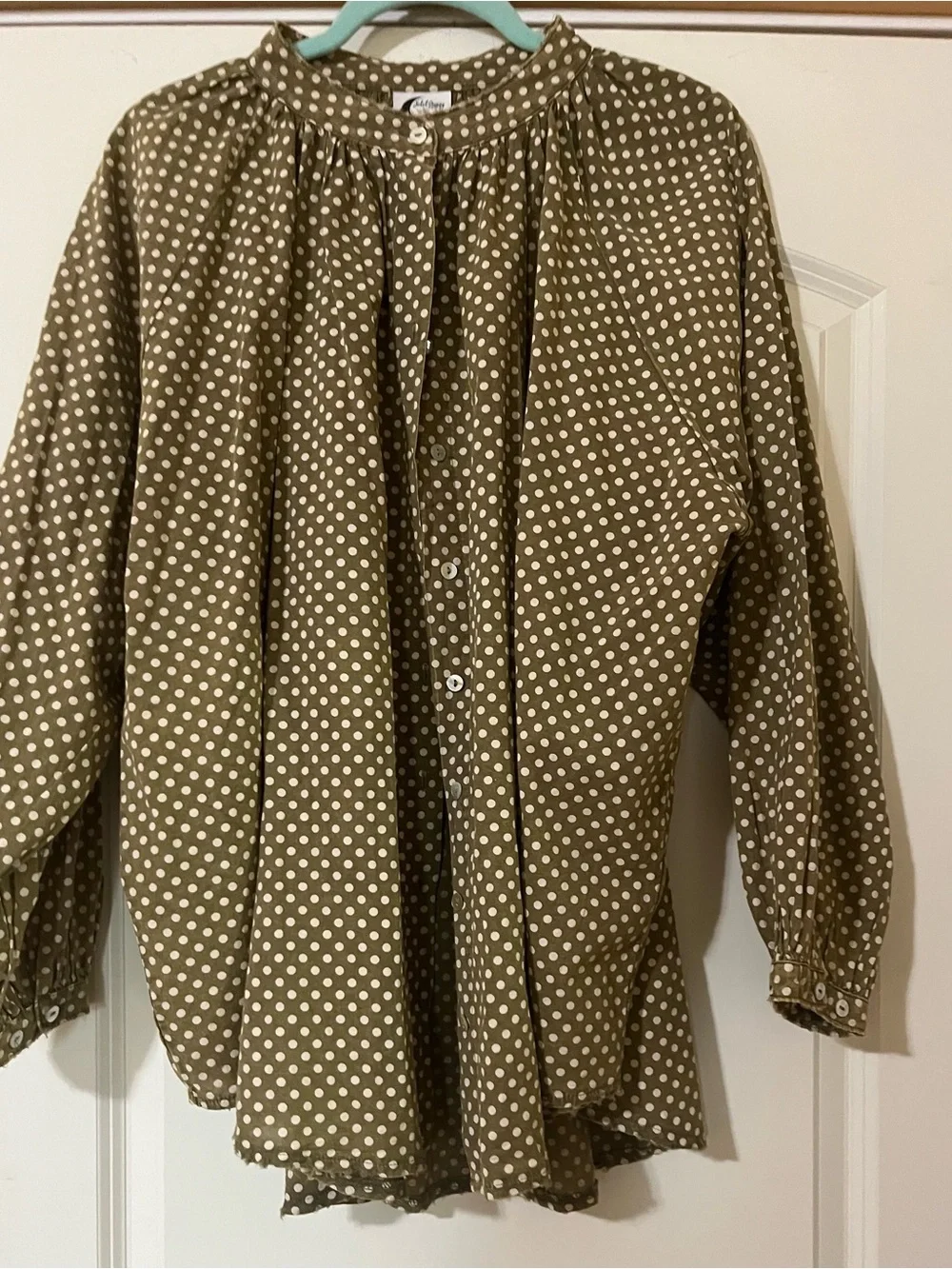 Jaded Gypsy oversized olive green white polka-dots versatile. Boho Raw Hems OS - Picture 5 of 10